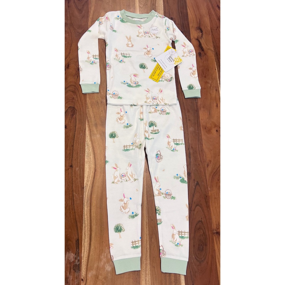Burt's Bees Kids 4T Easter Bunny Organic Cotton Pajama Set Snug Fit Cream Green